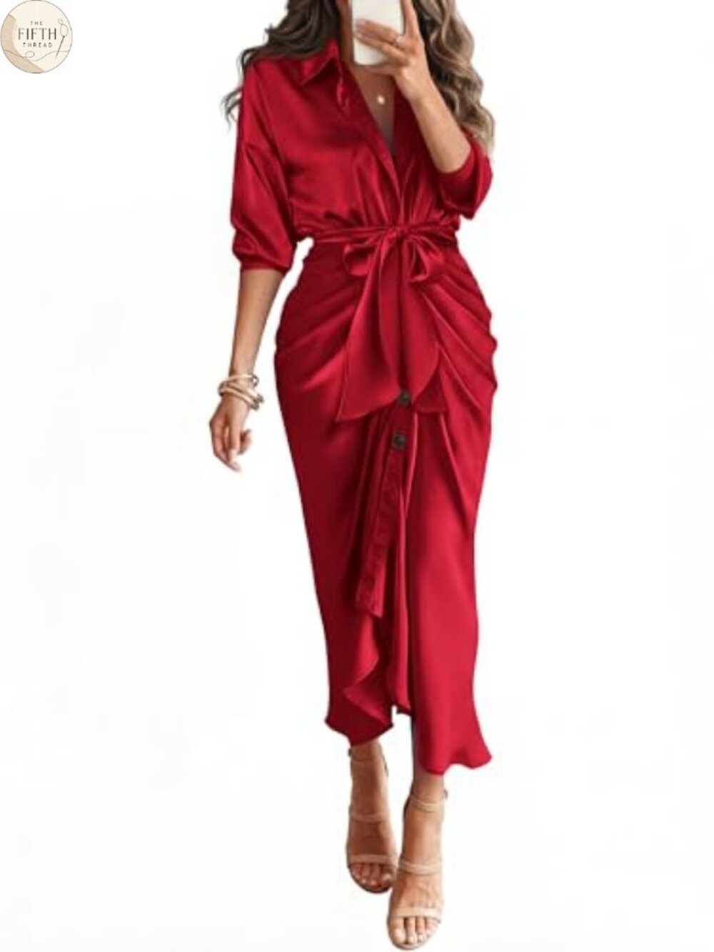 Button Down Satin Maxi Dress Long Sleeve Tie Waist Ruffle Hem